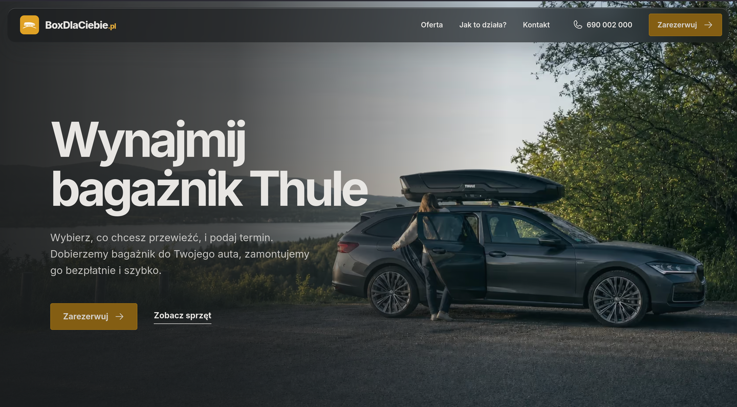 Strona Box dla Ciebie z ofertą wynajmu bagażników dachowych i rezerwacją online