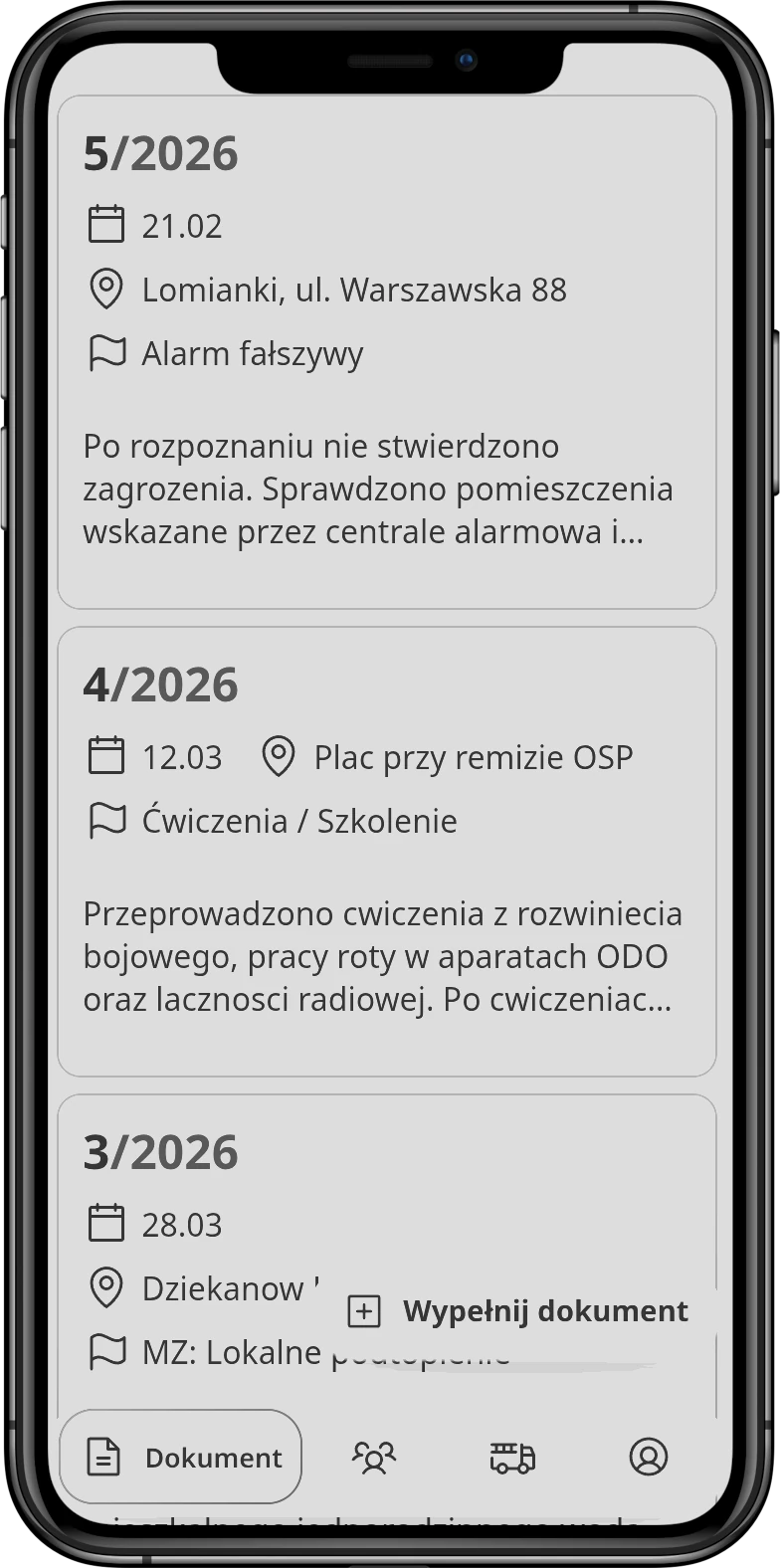 Aplikacja Centrum OSP na telefonie z listą dokumentów wyjazdowych
